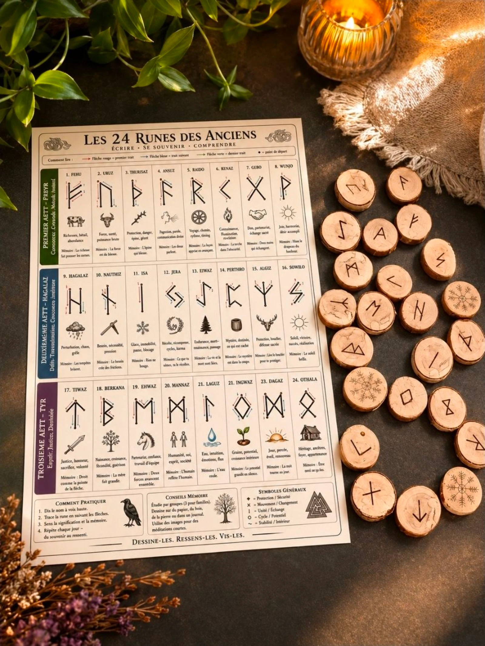 🌿 Ensemble de 24 Runes en Bois de Bouleau + Guide en Français 🌿